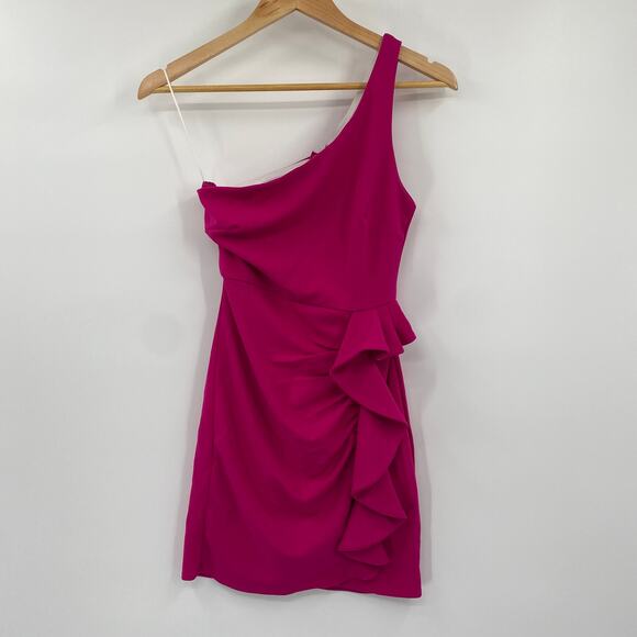 Hello Molly Backstage Passes One Shoulder Ruffled Mini Dress Magenta Womens 2 - Picture 2 of 10